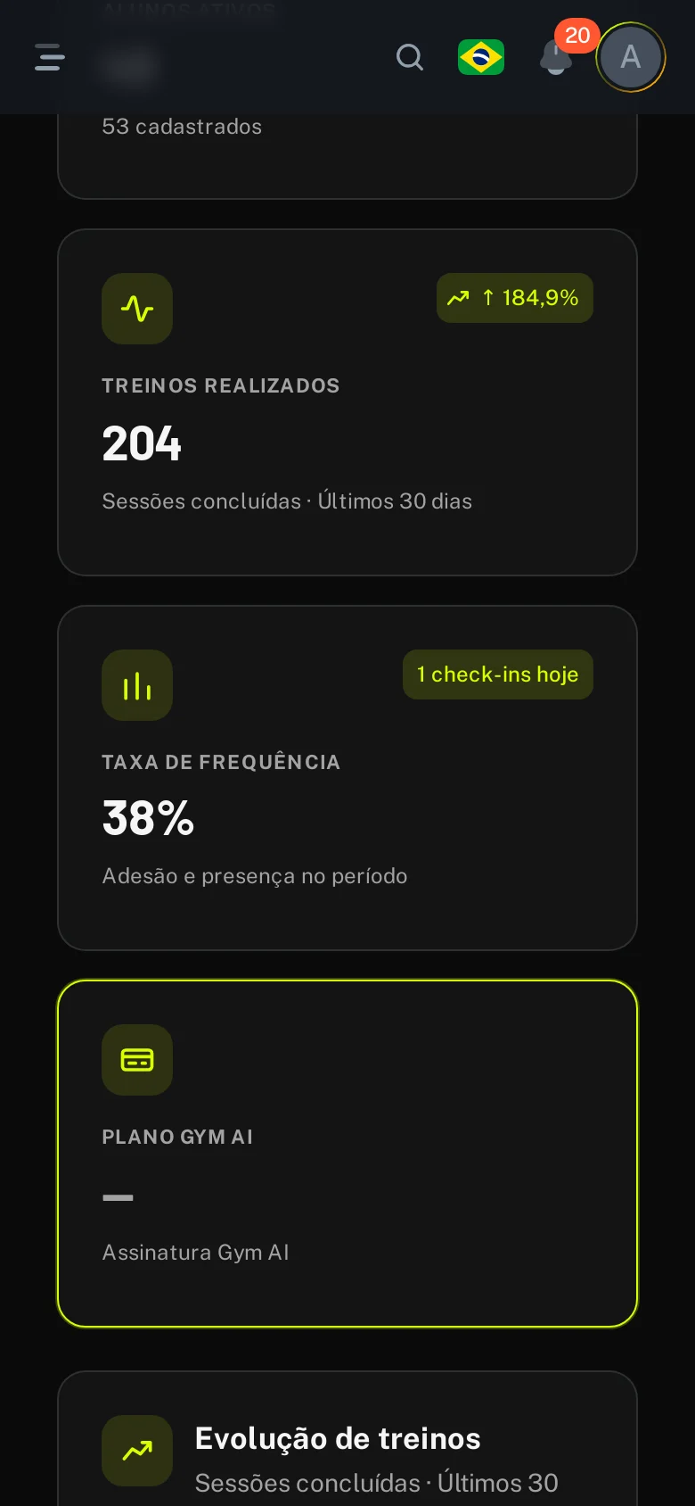Gym AI — dashboard e visão geral da operação no painel web