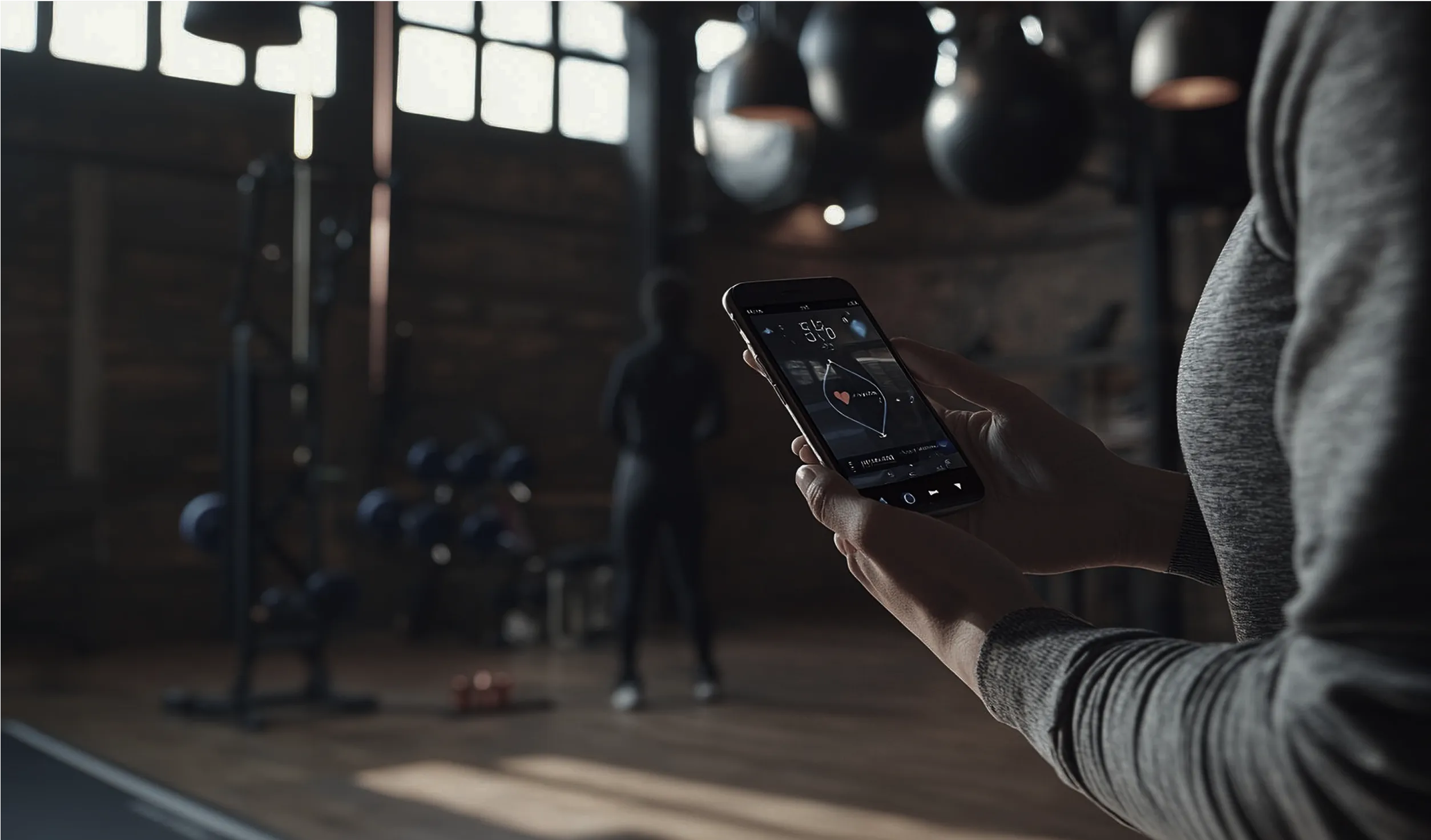 Pessoa segurando o celular com o app Gym AI na academia